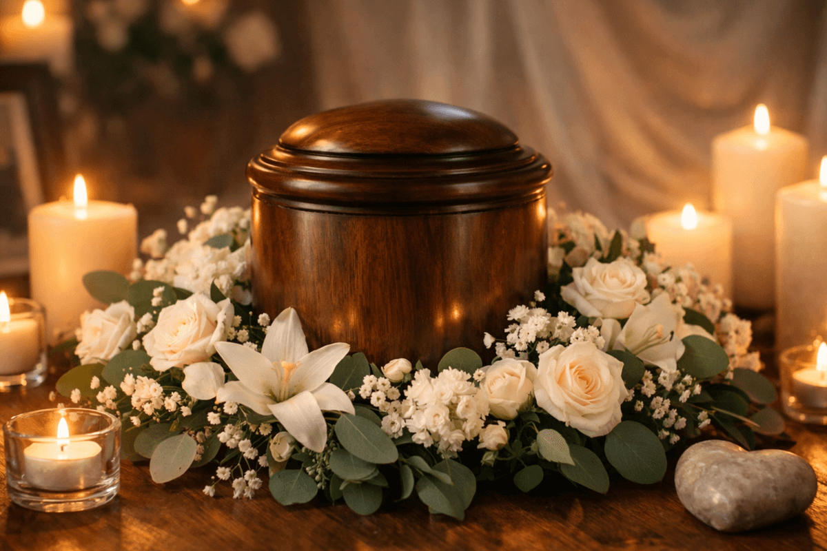 Ceremonia de cremación íntima con urna de madera, flores blancas y velas en un ambiente sereno