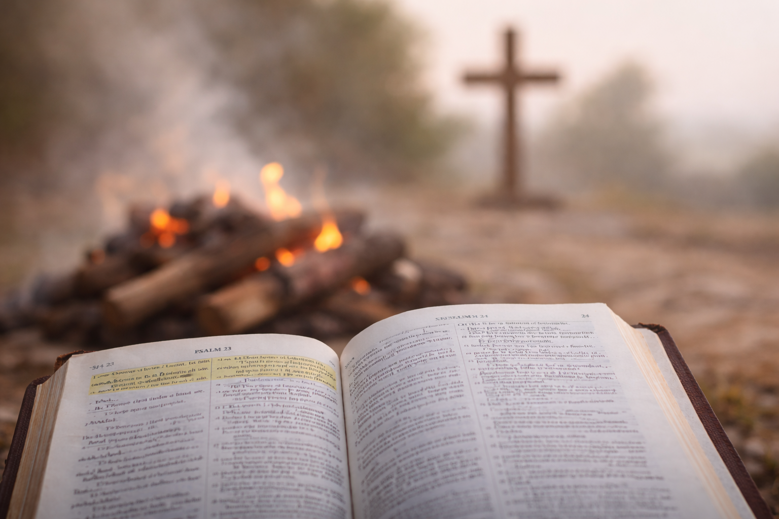 Biblia abierta junto a un fogón simbolizando reflexión espiritual
