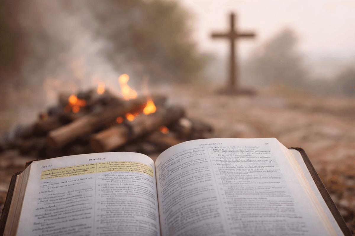 Biblia abierta junto a un fogón simbolizando reflexión espiritual