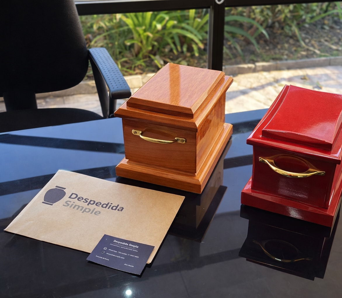 Urnas de madera y sobres con el logo de Despedida Simple en nuestra oficina
